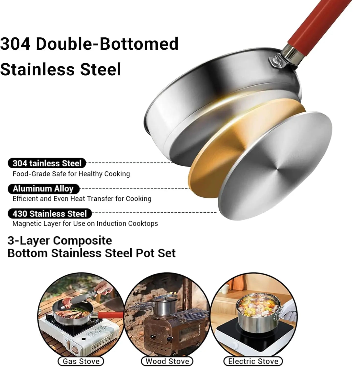 Camping Cookware Set 304 StainlSteel Cooking Pots Pan Set with Travel Tote Bag for Camping Outdoor