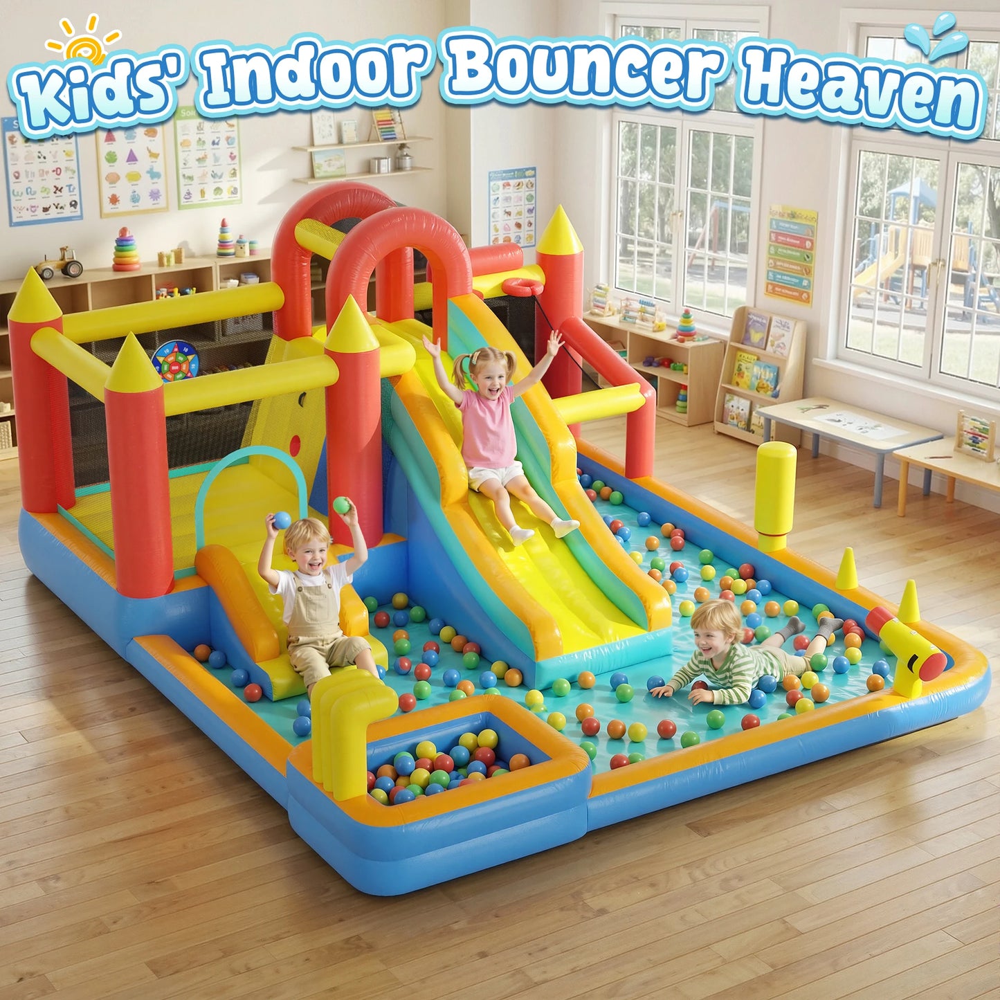 Jump 'n Slide Inflatable Bouncer for Kids, Heavy Duty Blower, Stakes Repair Patches Storage Bag, Indoor Outdoor Bounce House