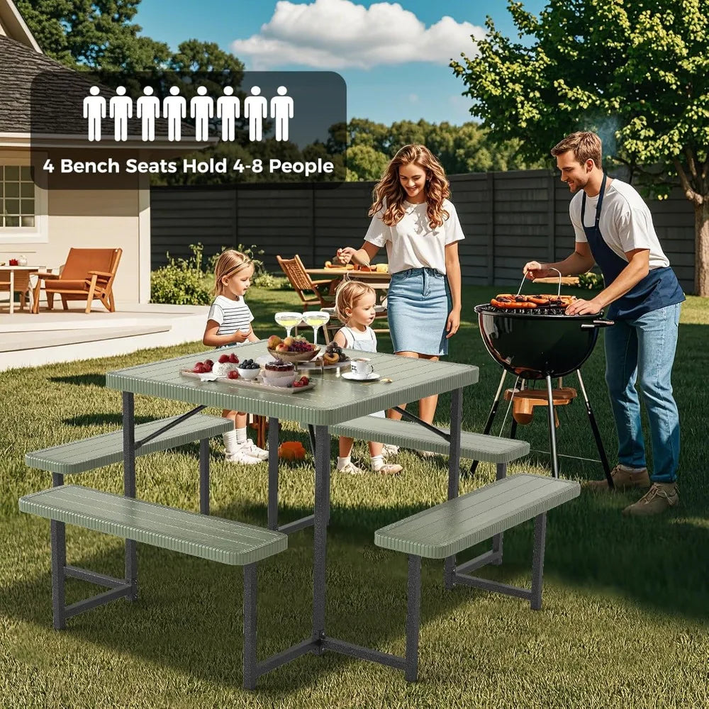 Picnic Table Bench Set for 4-8 People, 34" Outdoor Square Dining Table & 2 Benches W/Umbrella Hole, Customized