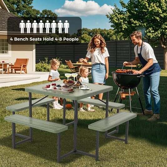 Picnic Table Bench Set for 4-8 People, 34" Outdoor Square Dining Table & 2 Benches W/Umbrella Hole, Customized