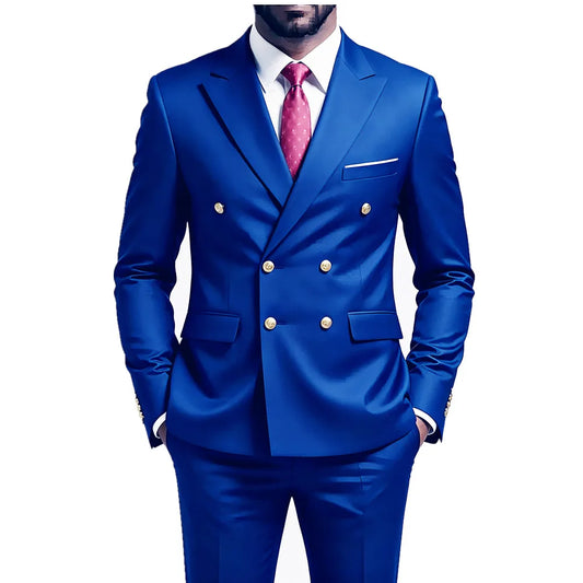 Men Party Tuxedos 2 Pieces Latest Peak Lapel Men Suits Gold Buttons Fashion Style Suits Double Breasted