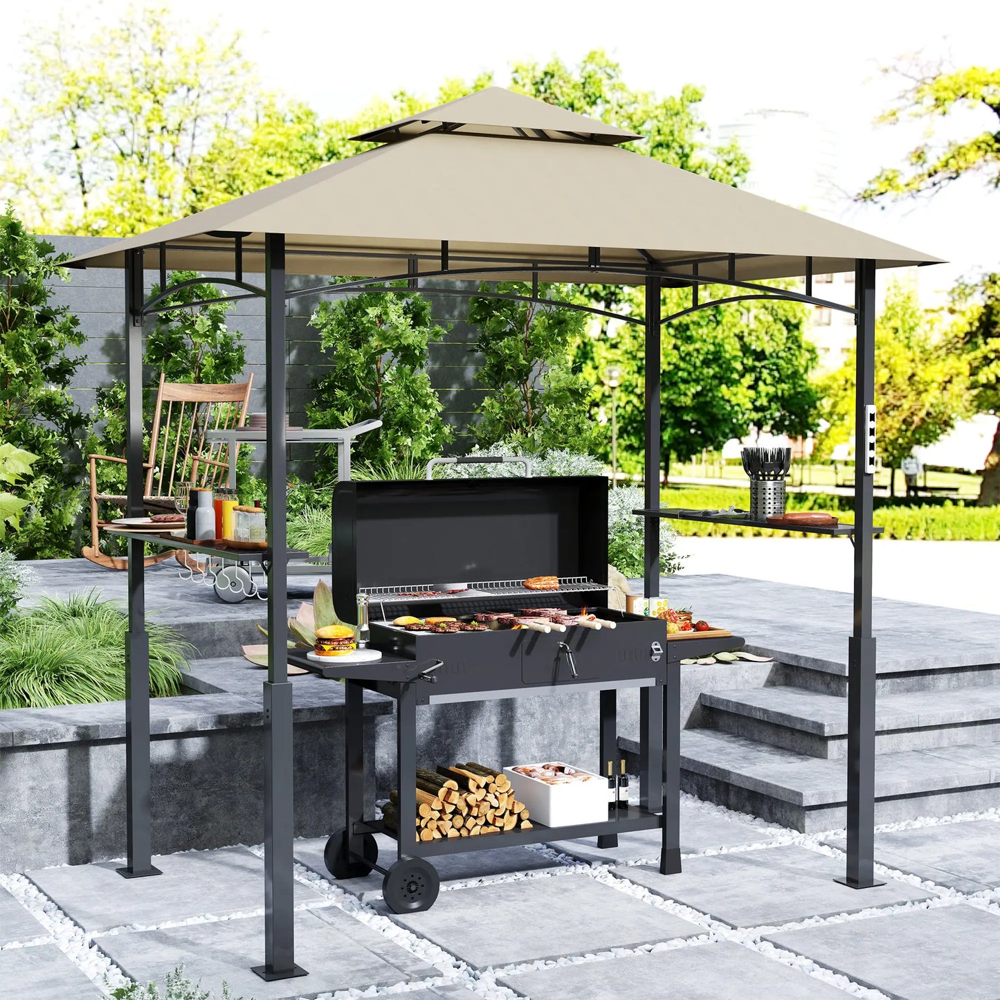 8' X 5' Grill Gazebo, 2-Tier Outdoor Bbq Gazebo, Khaki