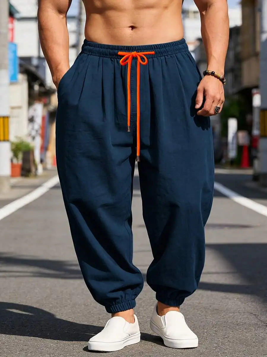 Men'S Thin Casual Loose Harem Pants - Comfortable Elastic Cuffs, Elastic Drawstring Waist Non-Stretch Casual Lantern Long