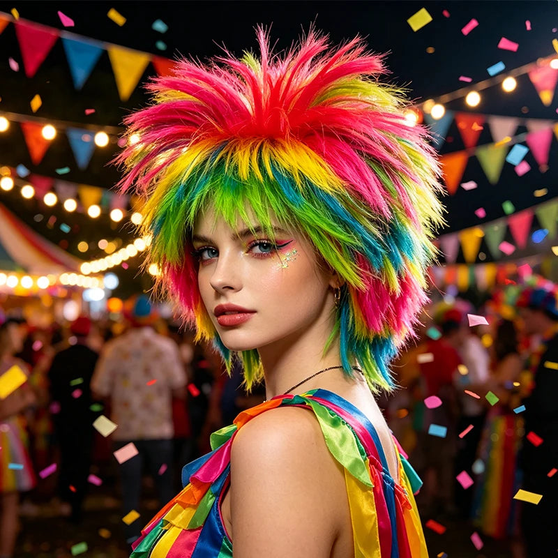 Rainbow Spiky Wig Synthetic Short Fluffy Messy Punk Rock Multi Color Costume Wig Halloween Cosplay Party Carnival 80s Retro
