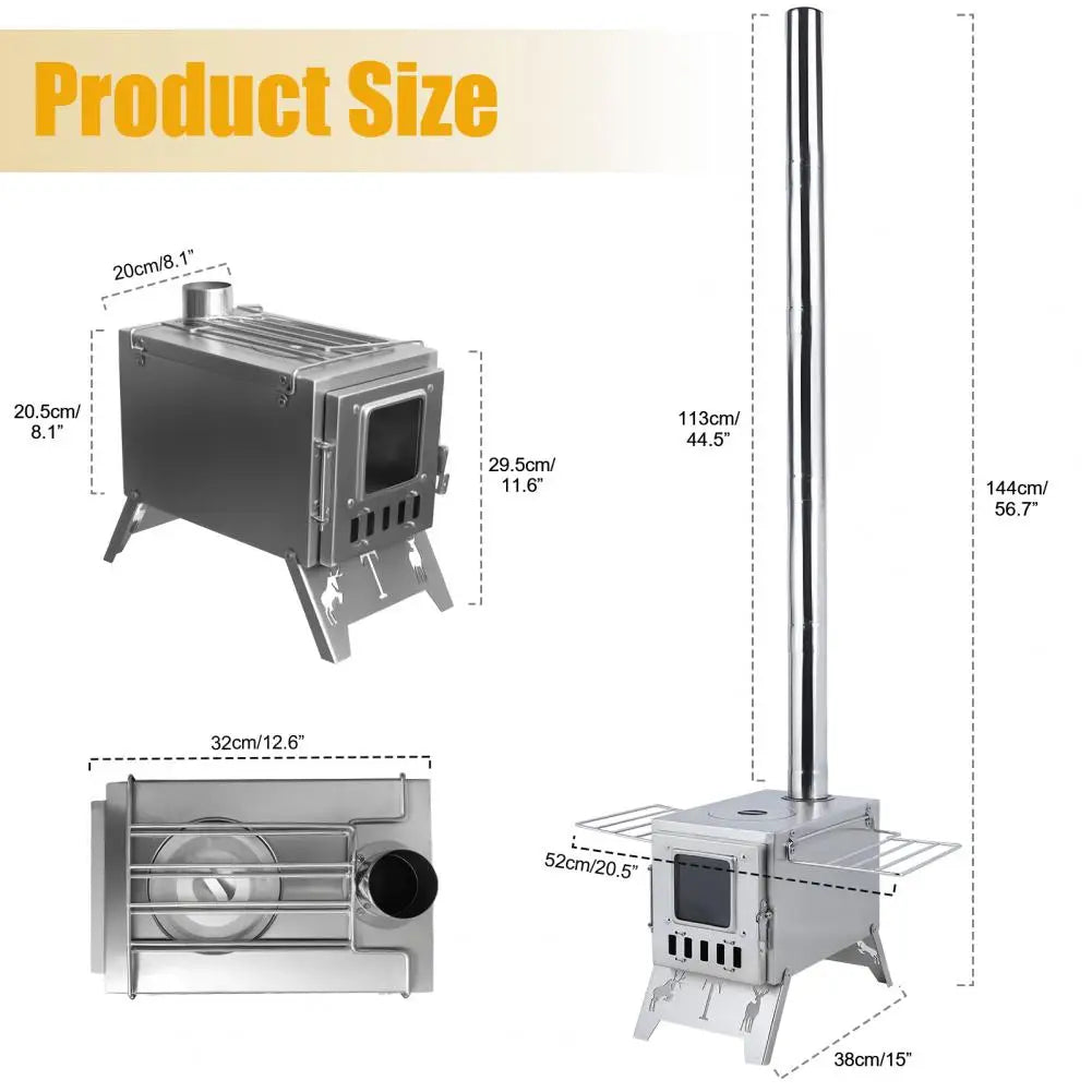 Wood Burning Camping Stove with 5 Pipes Accessories, Heating Cooking Hot Tent Steel Stove for Outdoor, Hunting, Ice Fishing