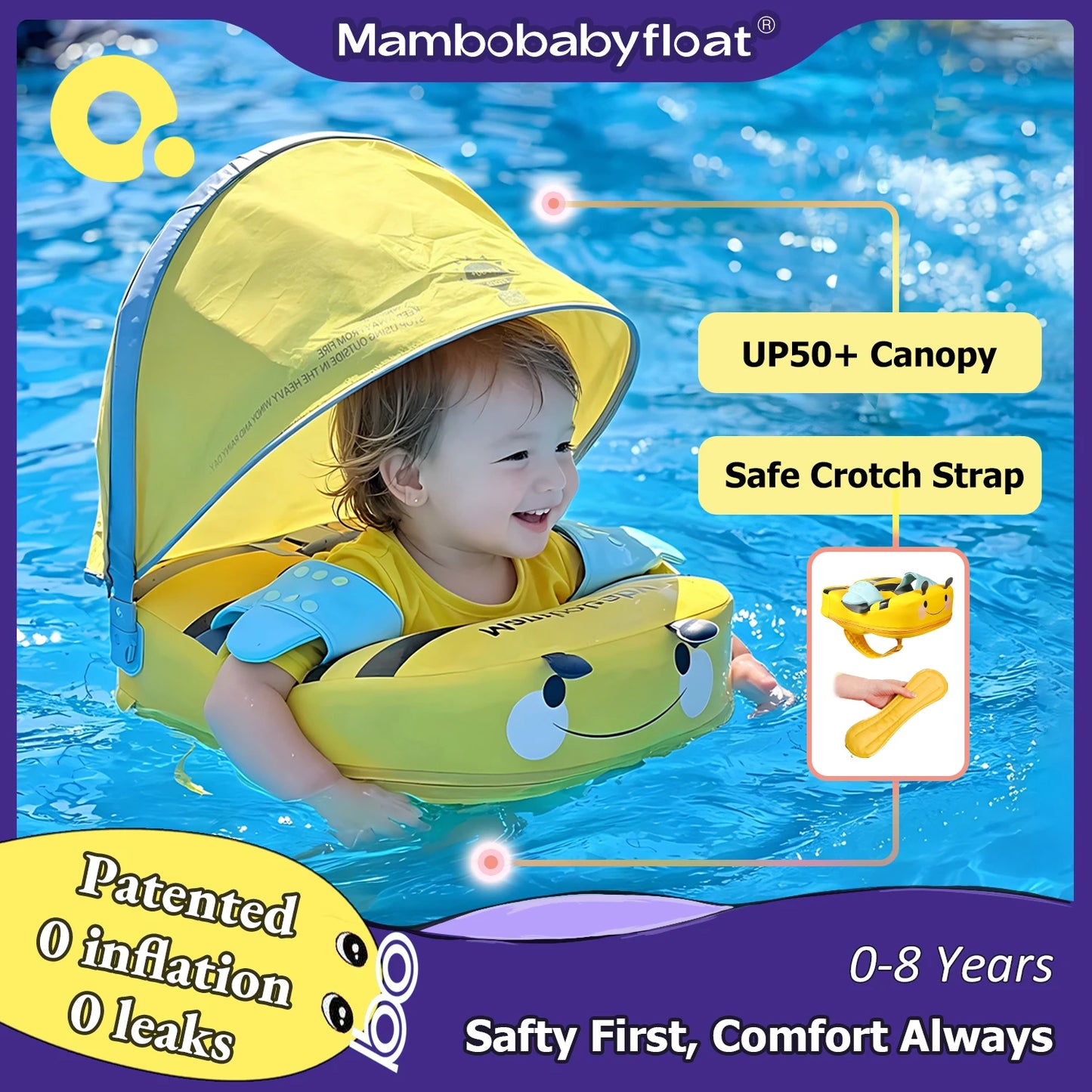 Mambobaby Float with Crotch Support 98% UV Protection Canopy Skin-friendly Baby Swim Ring Toddler Pool Float Infant Swim Circle