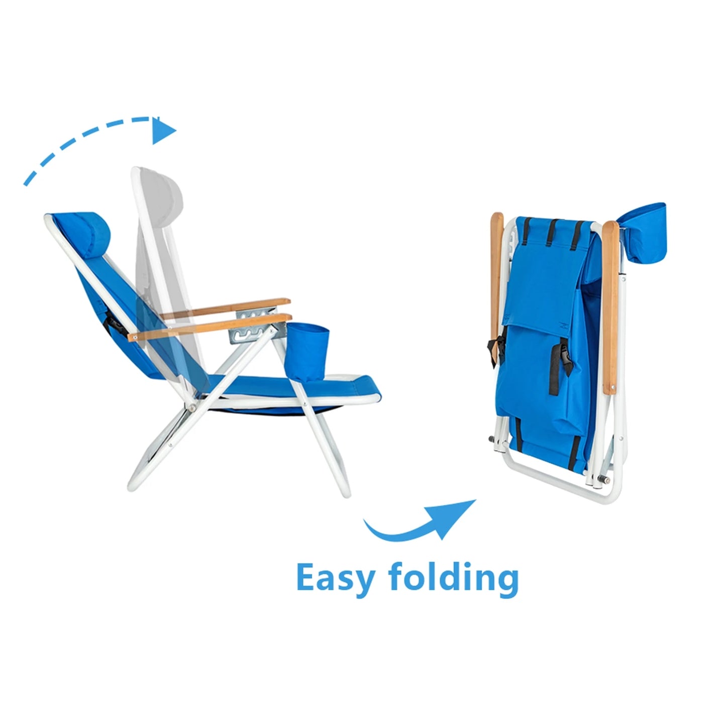 Portable High Strength Beach Chair with Adjustable Headrest Foldable Outdoor Camping Chair 600D Fabric Cup Holder Heavy Blue