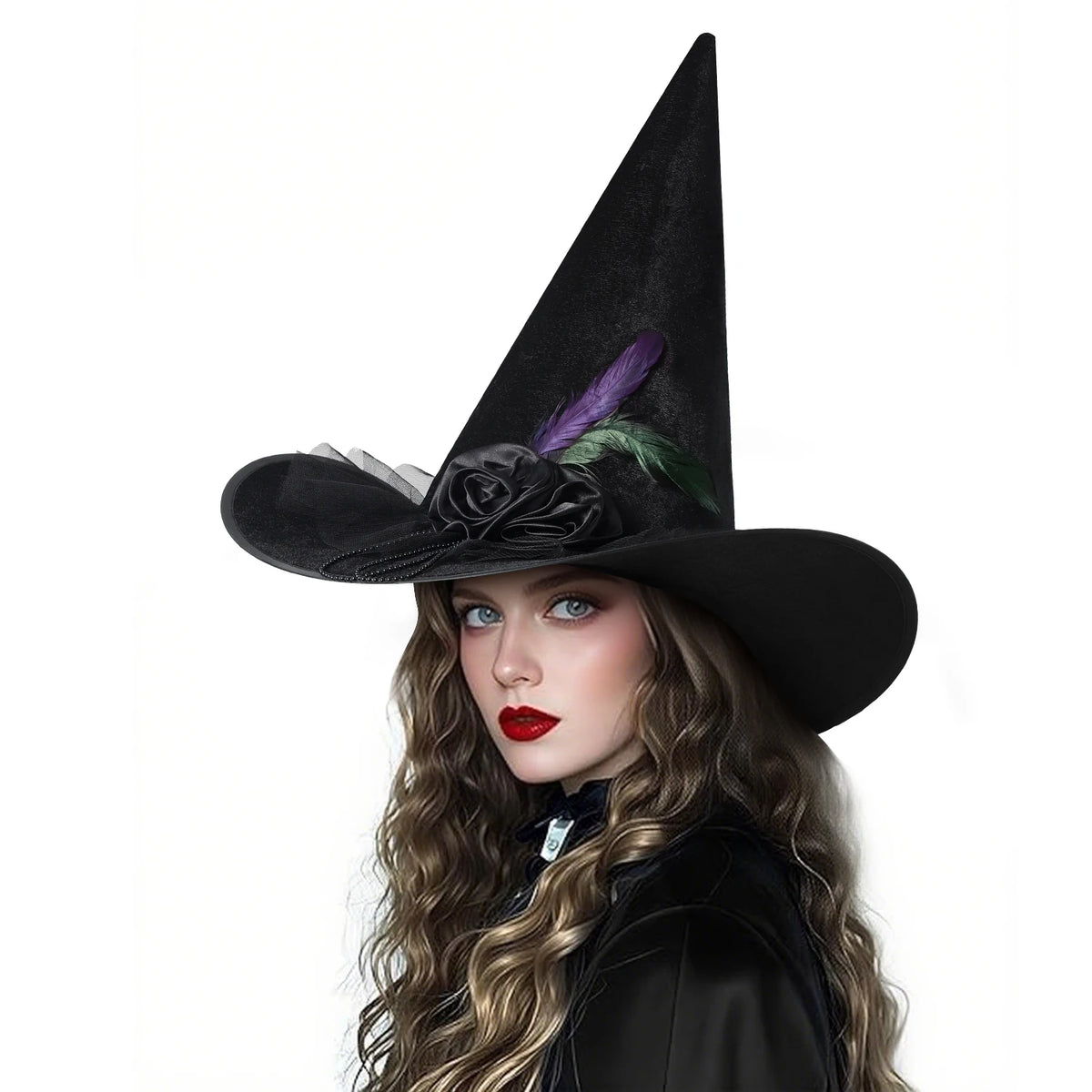 Women Halloween Witch Hat, 6 Styles Black Orange Purple Pointed Witch Hats with Spider Web Lace, Flower, Feather and LED Light Decor, Halloween Party Cosplay Costume Accessory