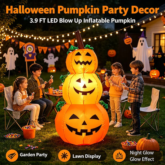 3.9FT LED Halloween Inflatable Pumpkin Decoration Stacked Pumpkins Blow Up with Built-in Lights Outdoor Airblown Yard Decor for Garden Lawn Porch Party Glowing Pumpkin Photobooth Prop New Arrivals