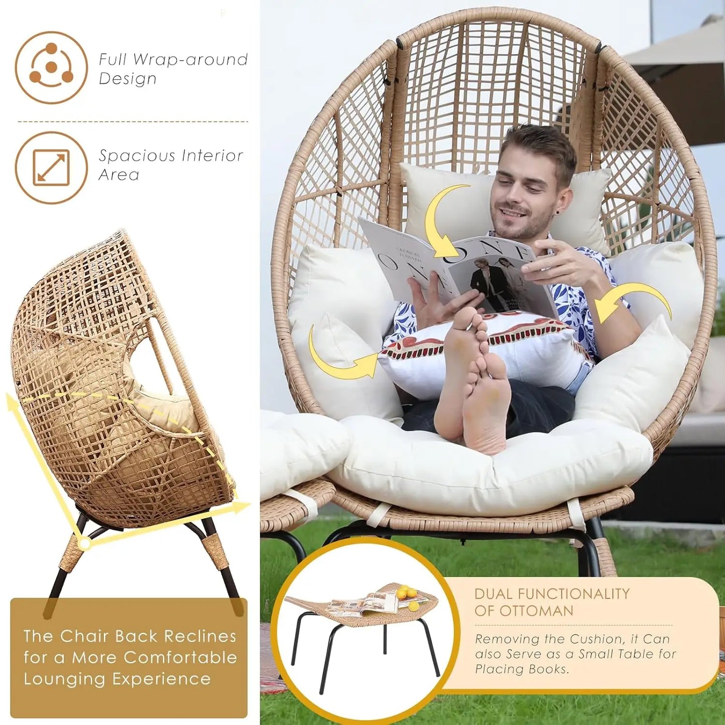 Indoor Outdoor Egg Chair with Ottoman Thick Cushioned Lounge w/Footrest 440lbs for Patio Balcony Bedroom Sunroom, Customized