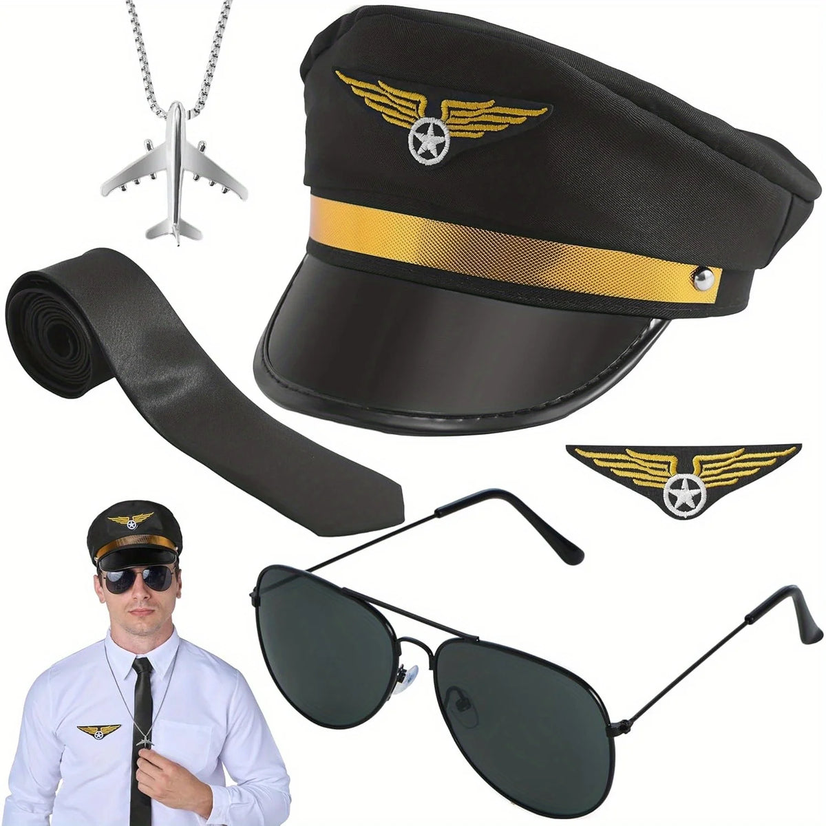 Creations Airline Pilot Captain Costume Kit 5 PCS Pilot Dress up Accessory Set with Sunglasses Tie Piot Hat Wings Patch and Necklace for Halloween Themed Dress Up Party