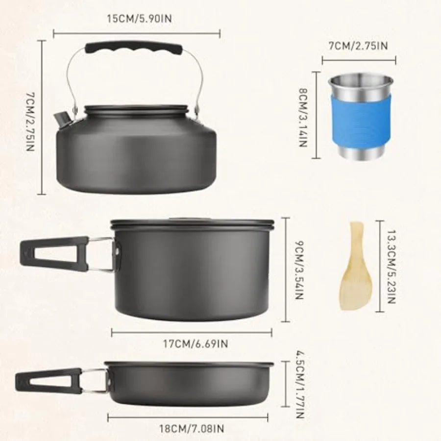 Camping Cookware Camping Cooking Set Non-Stick Pots and Pans with Kettle 2 Stainless Steel Plates 2 Water Cups 2 Sets of Knives