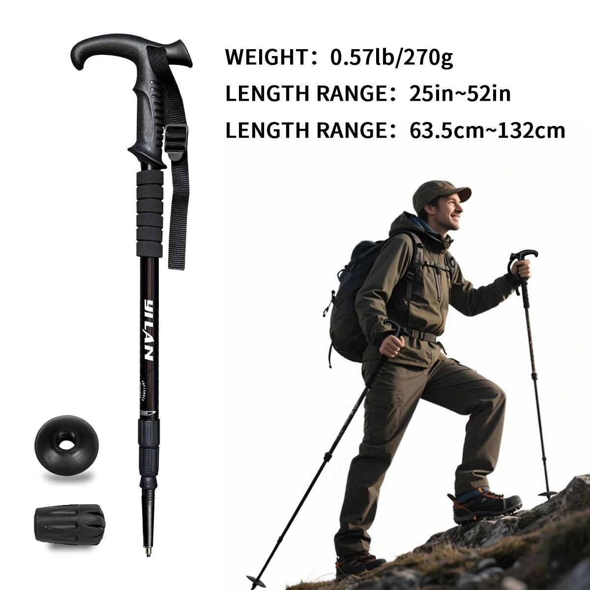 Ultralight hiking poles with shock absorption and quick-locking system, made of aluminum alloy, suitable for outdoor mountaineering, hiking, trekking, backpacking, and camping.