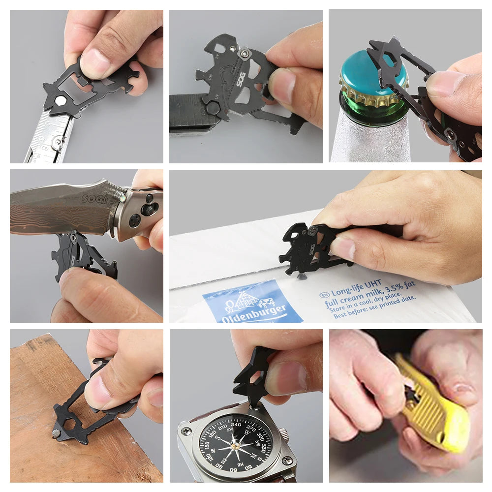 SOG 12 in 1 MACV EDC Multi-tool Stainless Steel Keychain Pocket Gadget Portable Mini Multifunctional Tools with Bottle Opener Screwdriver Wrench Cutter For Cycling Camping Outdoor DIY Household Emergency Repair Men / Women Gi
