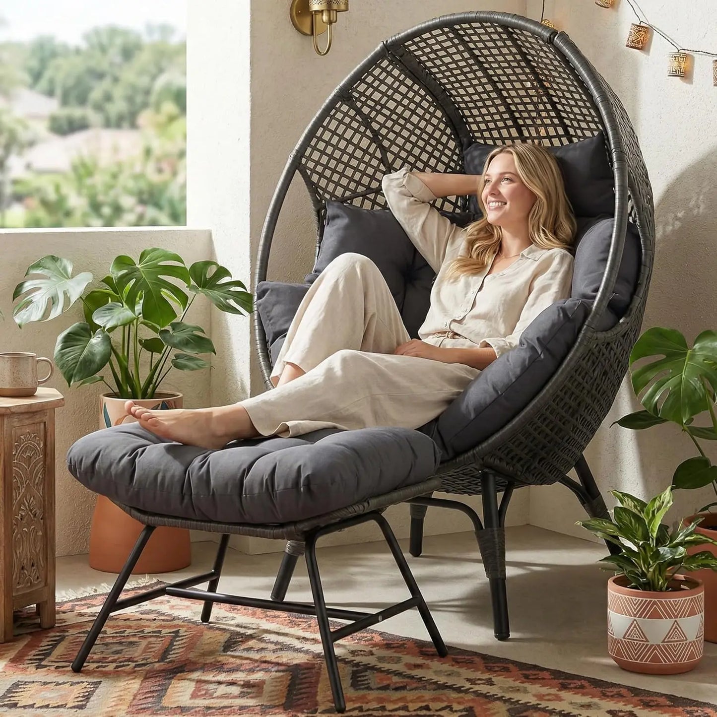 Indoor Outdoor Egg Chair with Ottoman Thick Cushioned Lounge w/Footrest 440lbs for Patio Balcony Bedroom Sunroom, Customized