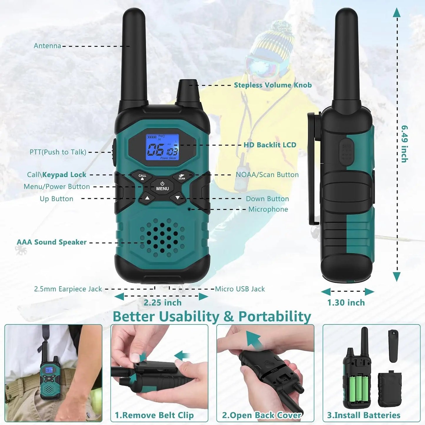 Long Range Rechargeable Walkie Talkies 6 Pack, FRS 2 Way Radios with NOAA USB Chargers for Camping Work Family