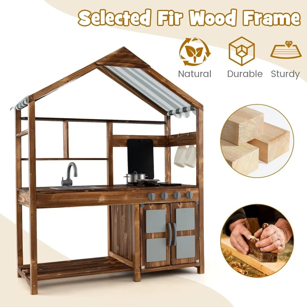 Mud Kitchen with Canopy, Fir Wood Play Kitchen for Toddlers, Garden Sink, Stoves, Chalkboard, Storage Cabinet, Customized