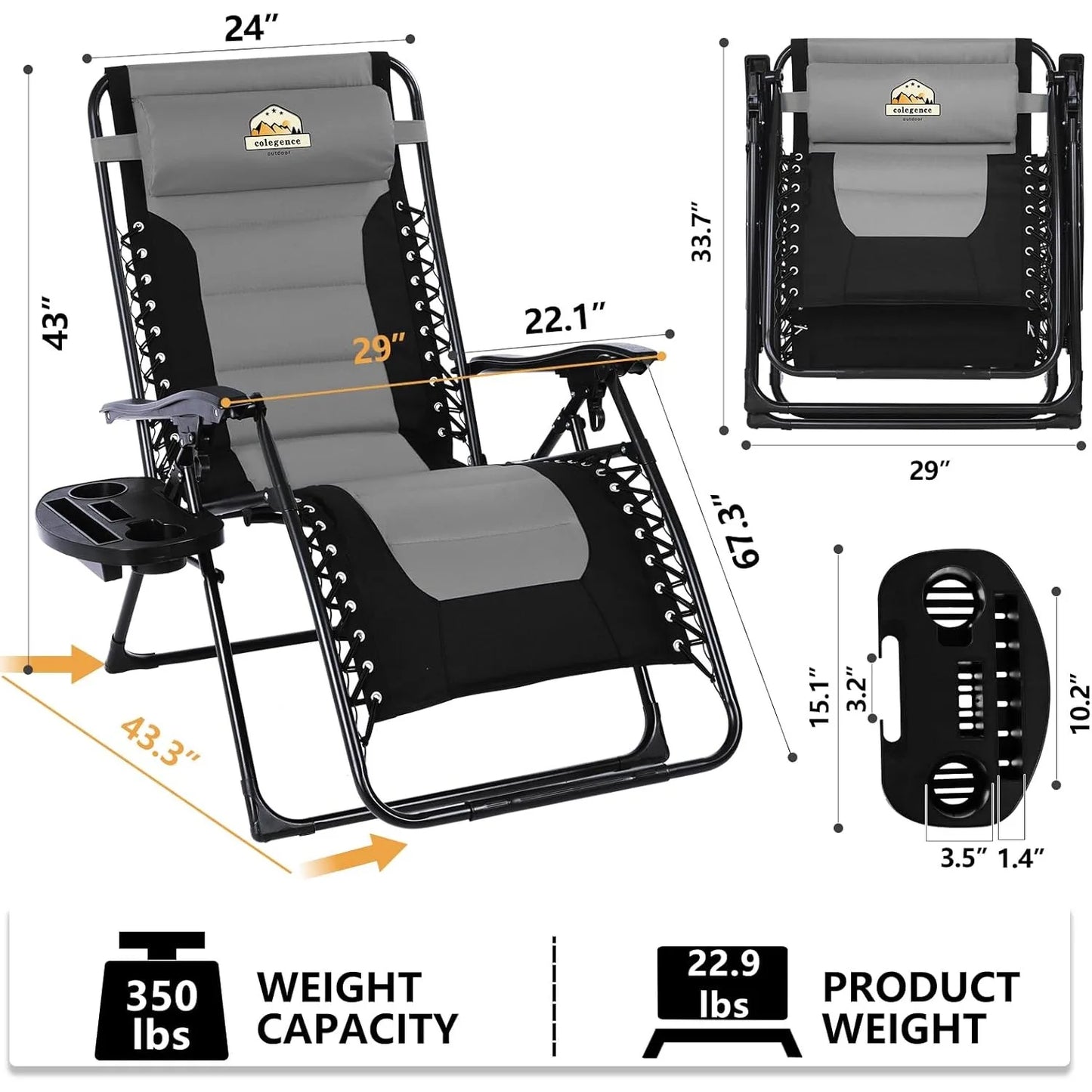 Extra Wide Zero Gravity Chairs Set of 2 Folding Recliner with Cup Holder for Outdoor Camping Yard Support 350 LBS