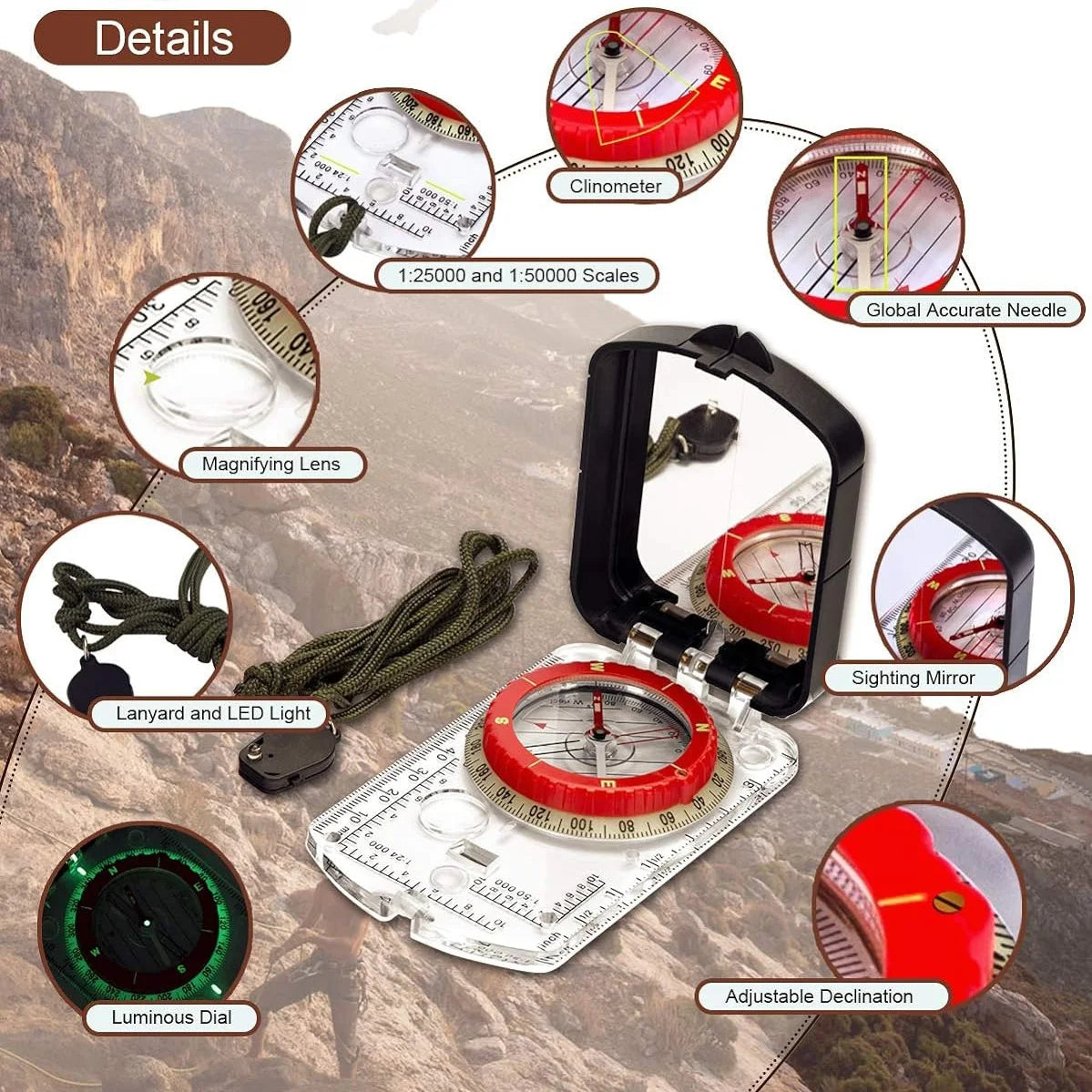 Sighting Compass Mirror Adjustable Declination-Base Plate Navigation/Orienteering LED light Hiking Map Read Military Backpacking