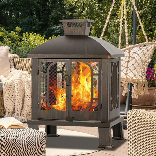 45" H×31''W Metal Chiminea Fire Pit with Grill, Wood Burning Fire Pits for Outside,Square Chimineas Fireplace with Mesh Spark Screen