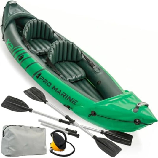 Inflatable Tandem Kayak Set For Outdoor Water Sports, PVC Material, Blue And Gray, Includes Seats Paddles Pump And Carry Bag