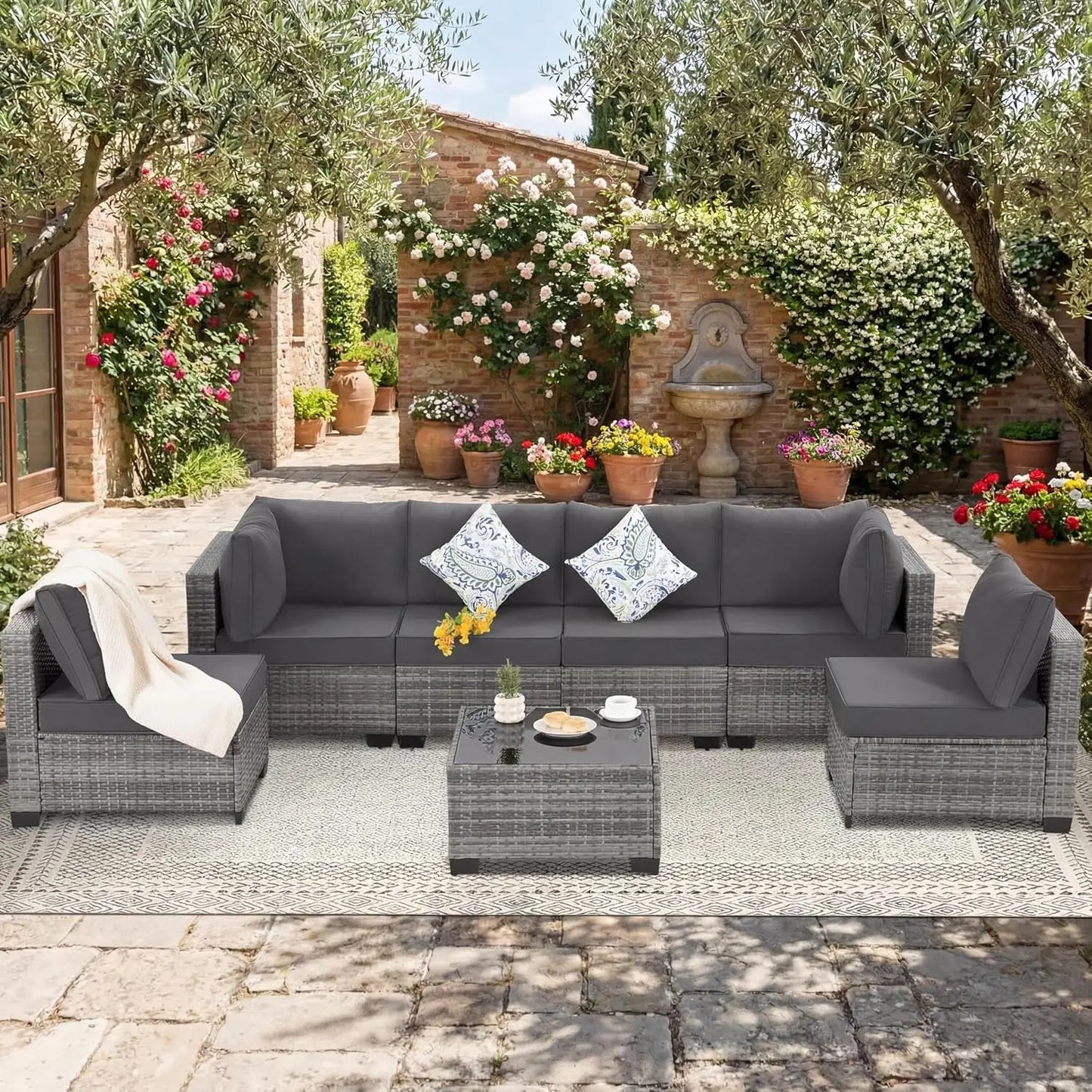 7 Piece Outdoor Wicker Patio Furniture Set, Rattan Sectional Sofa Conversation Set with Coffee Table & Cushions,