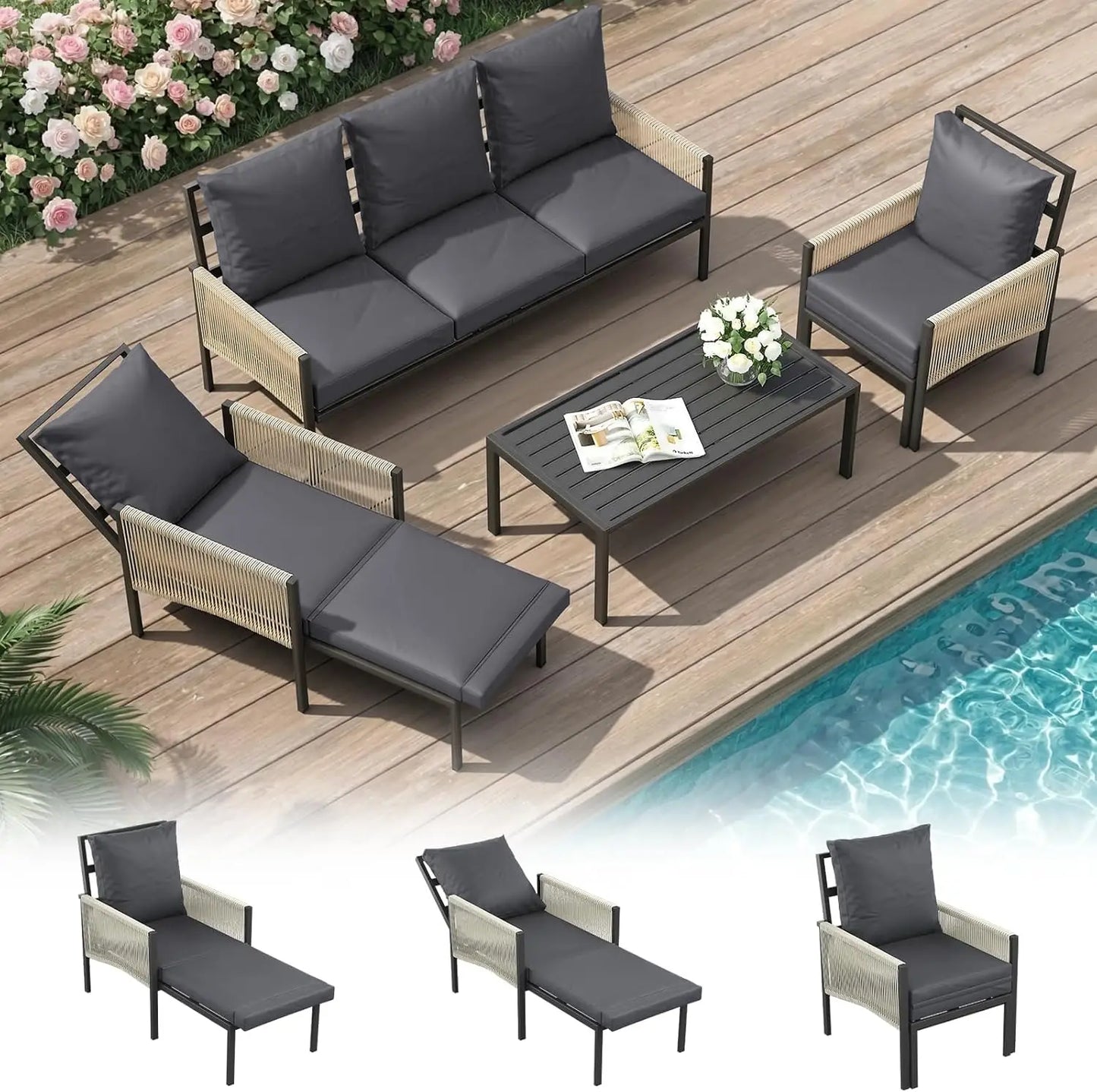 Aluminum Patio Sectional Sofa Set 5 Seats with Coffee Table Outdoor Conversation Furniture for Porch Deck, Customized