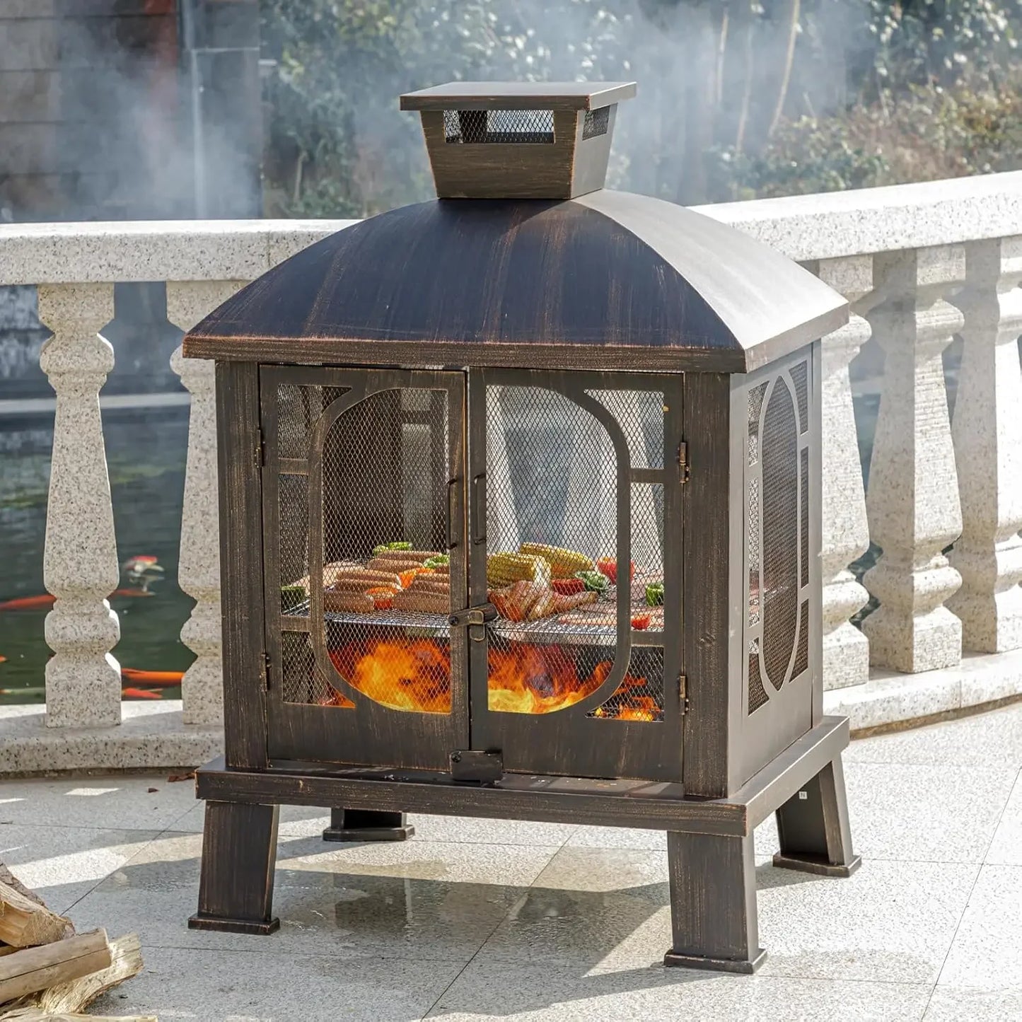 45" H×31''W Metal Chiminea Fire Pit with Grill, Wood Burning Fire Pits for Outside,Square Chimineas Fireplace with Mesh Spark Screen