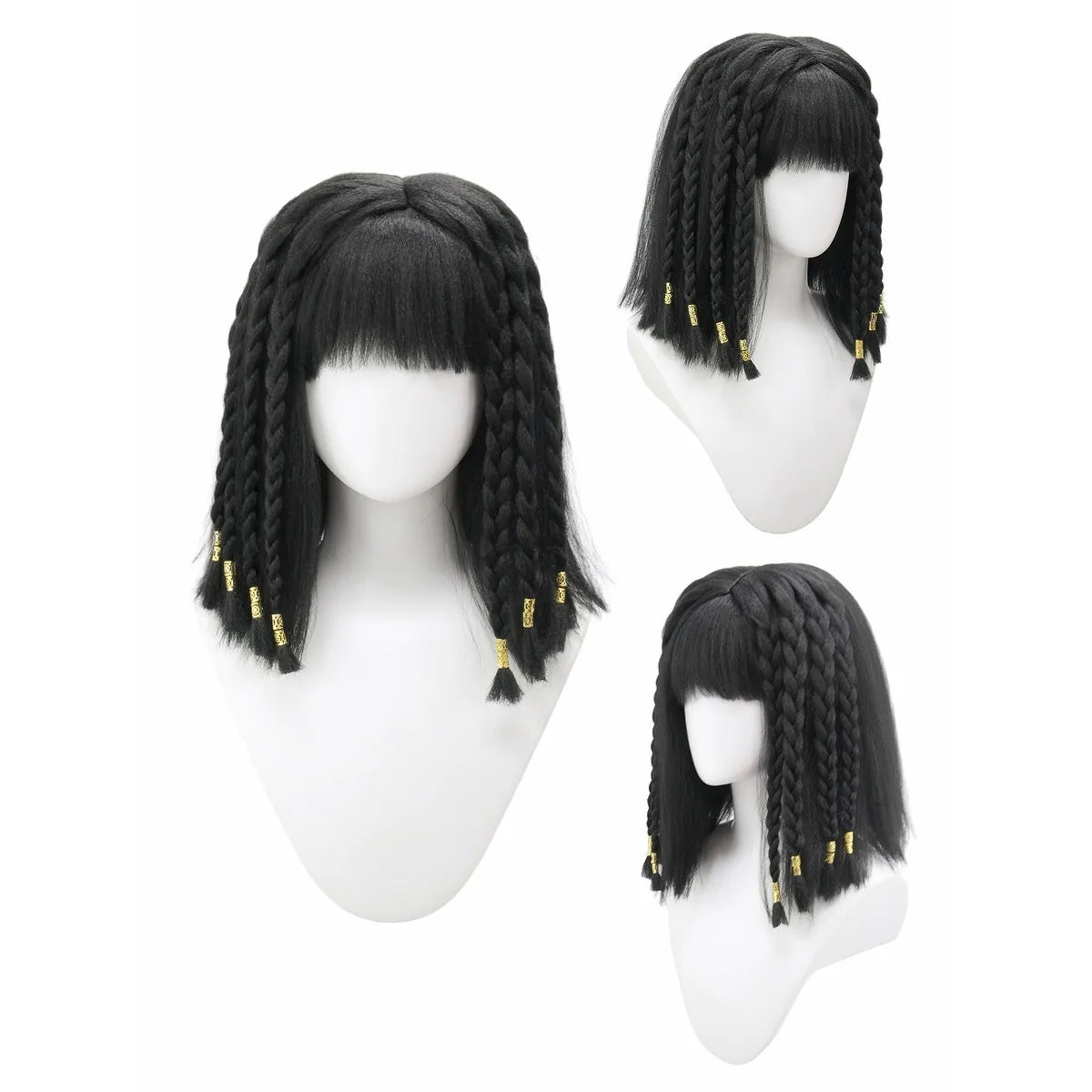 Black Braided Bob Wig Synthetic Short Bangs Gold Beads African Egyptian Queen Costume Wig Halloween Cosplay Party Carnival