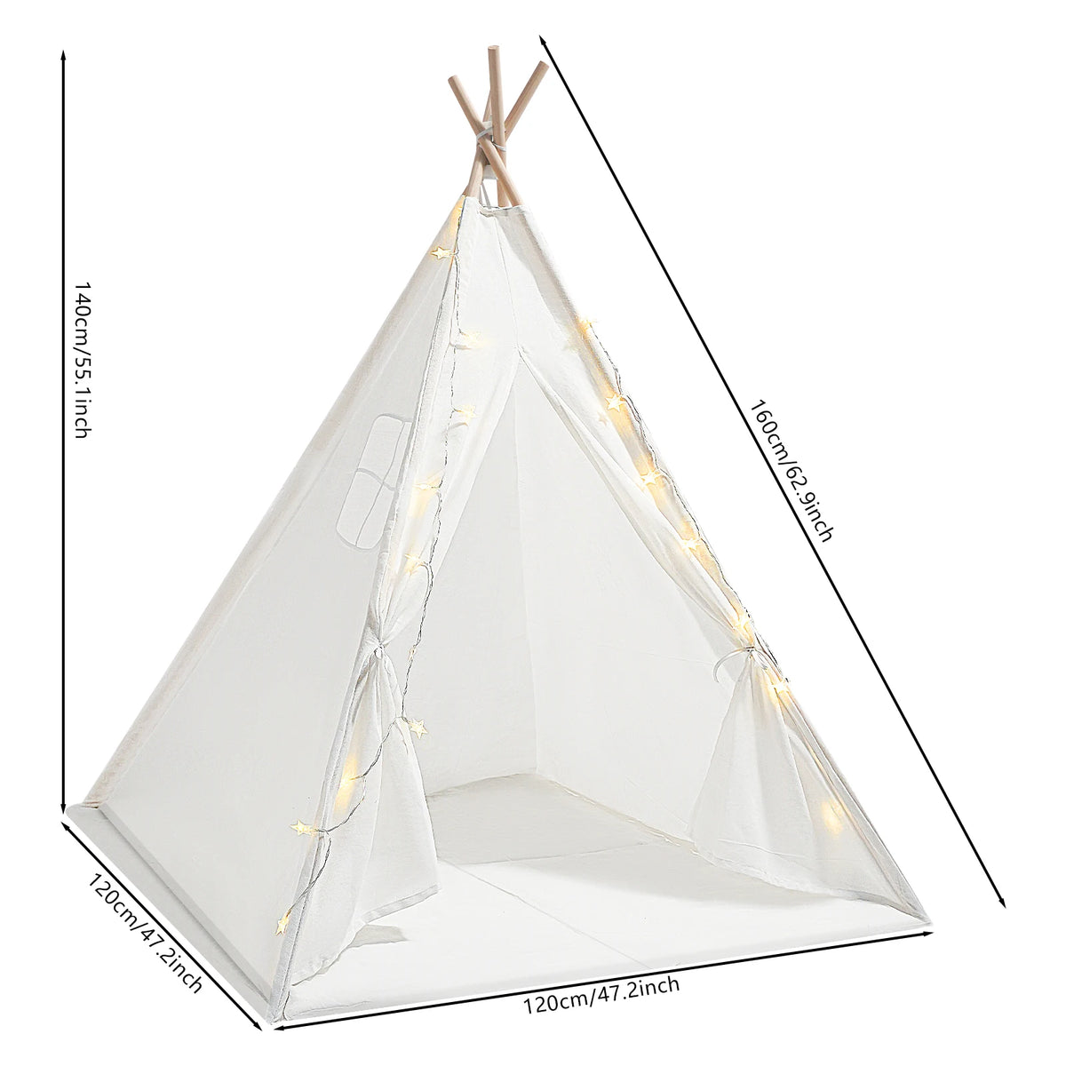 Kids Teepee Play Tent Set, 120120140cm White Cotton Linen 160cm Wood Poles Star Light Mat Assembly Accessories, Foldable Window Curtain Washable Tear-proof Cloth Stable Frame, Bedroom Reading Nook Birthday Indoor Picnic Decor