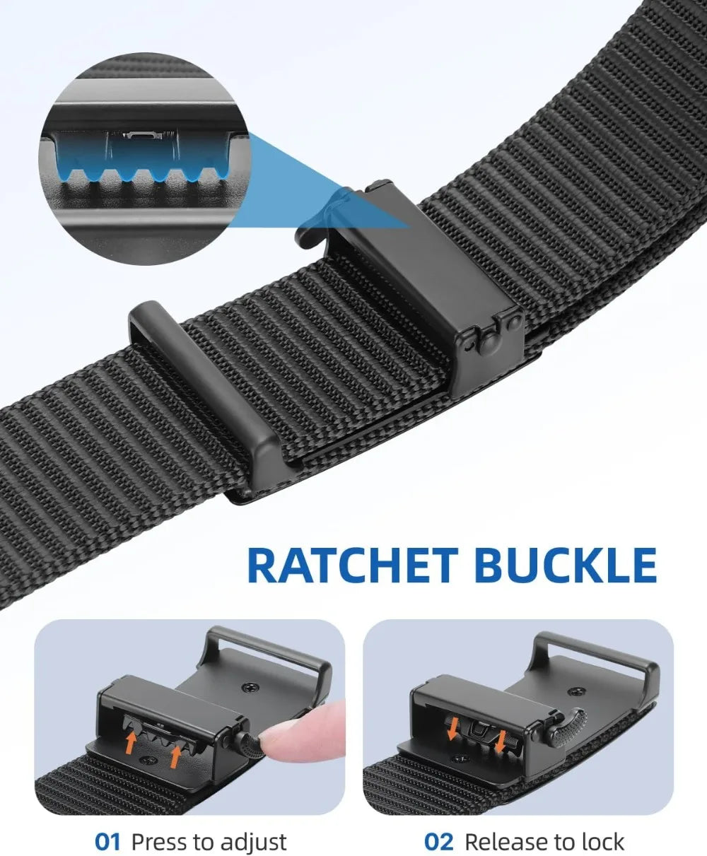 Ratchet Belts for Men 2 Pack Nylon Web No Hole Automatic Buckle Heavy Duty Work Belt for Golf Tactical Outdoor Hiking