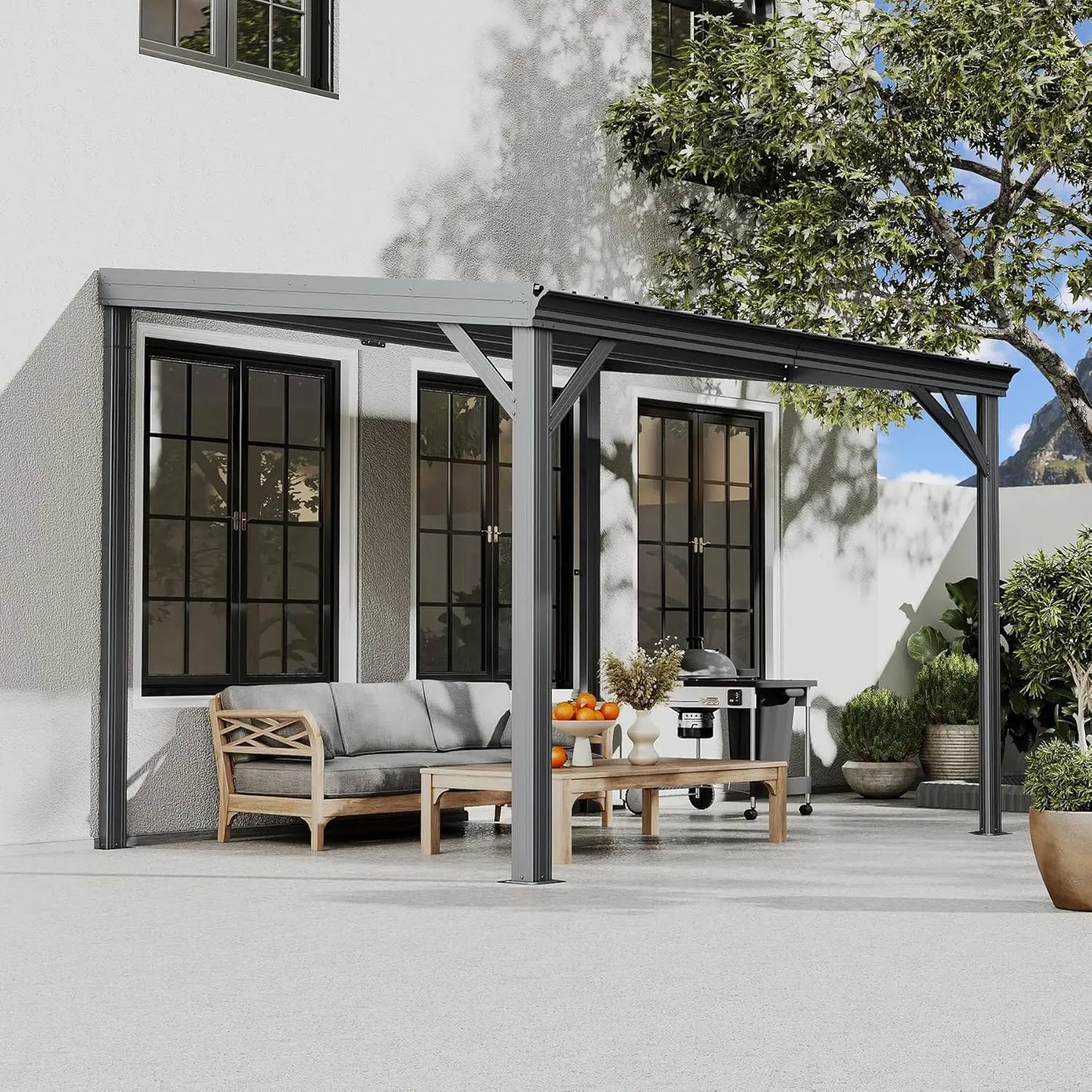 8x10 Wall Mounted Hardtop Gazebo Pergola Gutters Galvanized Steel Roof 60MPH Wind Resistance Outdoor Metal Awning Patio Custom