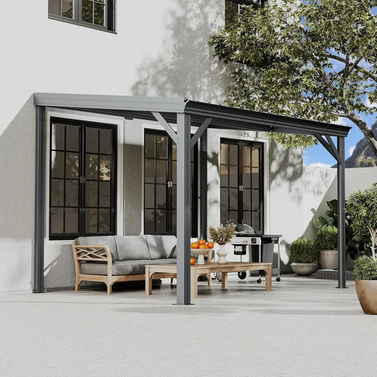 8x10 Wall Mounted Hardtop Gazebo Pergola Gutters Galvanized Steel Roof 60MPH Wind Resistance Outdoor Metal Awning Patio Custom