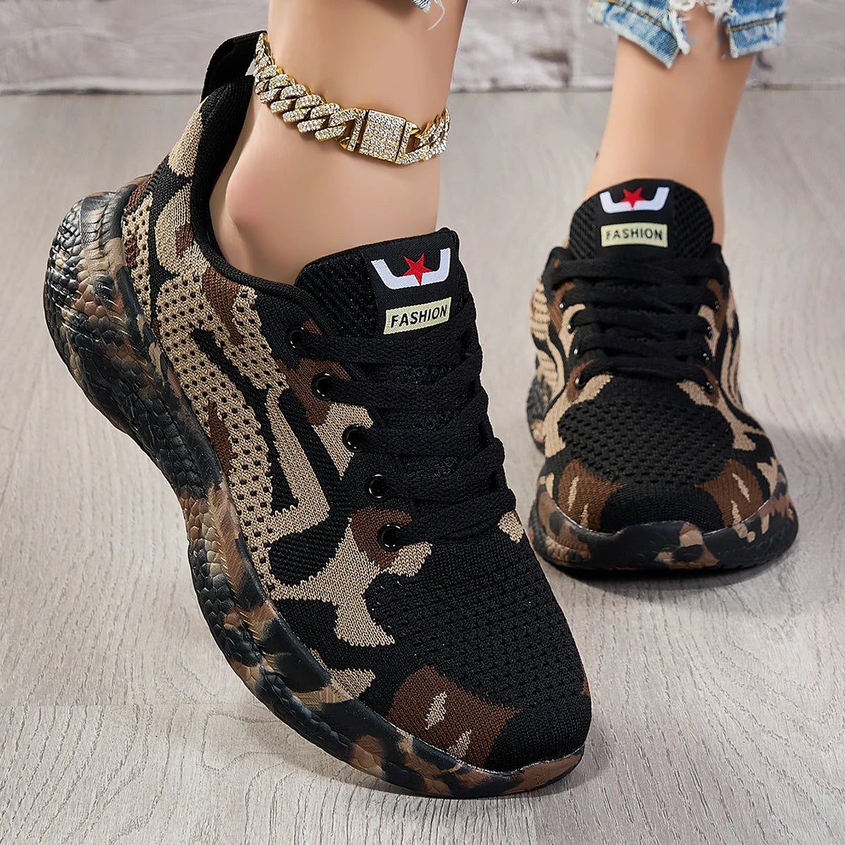 Women Camo Print Flying Knit Sneakers Breathable Mesh Lightweight Flexible Non Slip Lace Up Walking Shoes Fashion Outdoor Gym Jogging Daily Casual Sports Footwear 2026 New Arrival