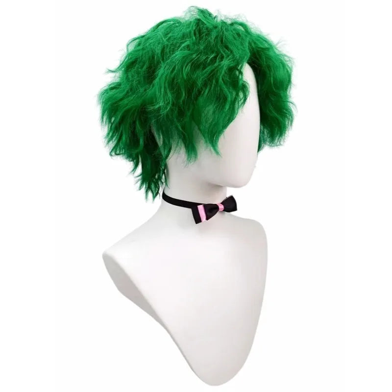Bright Green Premium Synthetic Fiber Short Curly Wig Shaggy Fluffy Messy Layered Wolf Cut Hair with Bow Tie Choker Collar Accessories Heat Resistant Adjustable Cap for Women Girls Cosplay Party Halloween Costume Role Play Sta