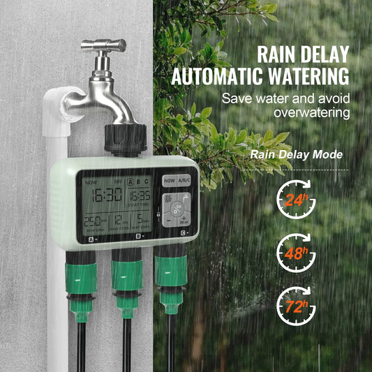 Water Timer 3 Outlets Hose 3 Independent Watering Zone LCD Display Rain Delay Mode Manual Mode Watering Sprinkler Timer