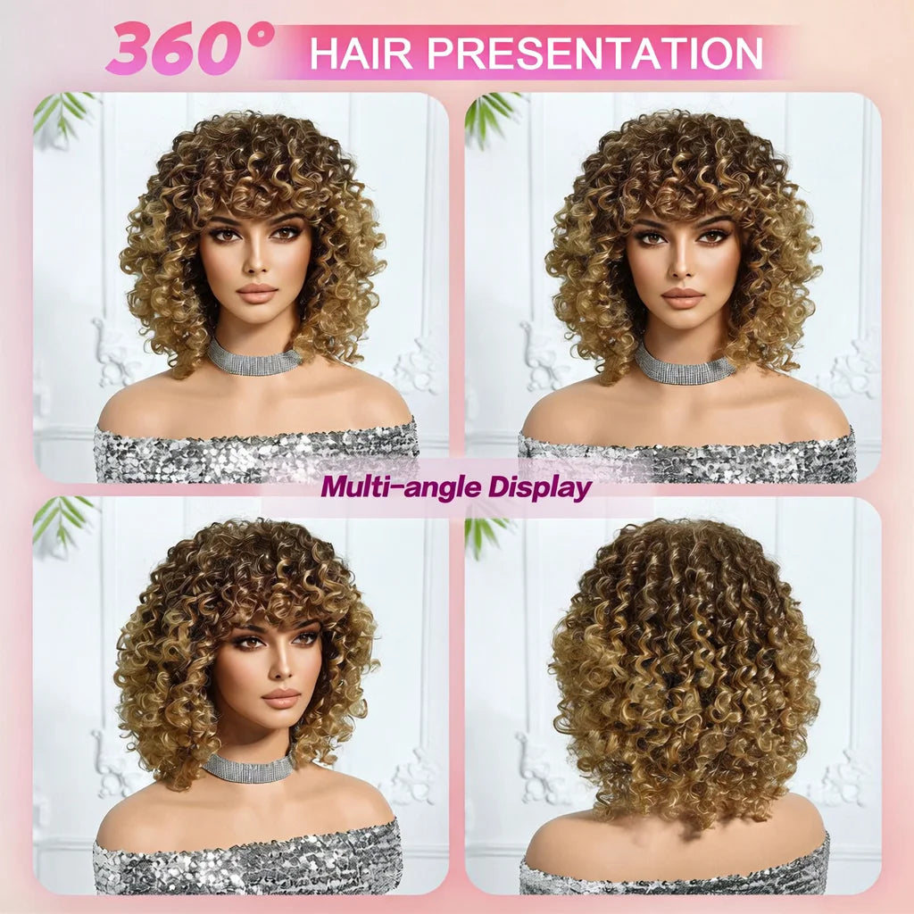 Halloween Wig TopShe 10In Goth Afro Puff Wig Brown Kinky Curl Women Synthetic Wigs Heat Resistant Short Kinky Curly Bob Wig with Bangs for Women's Daily Wear Suitable for Parties Cosplay Daily Wear