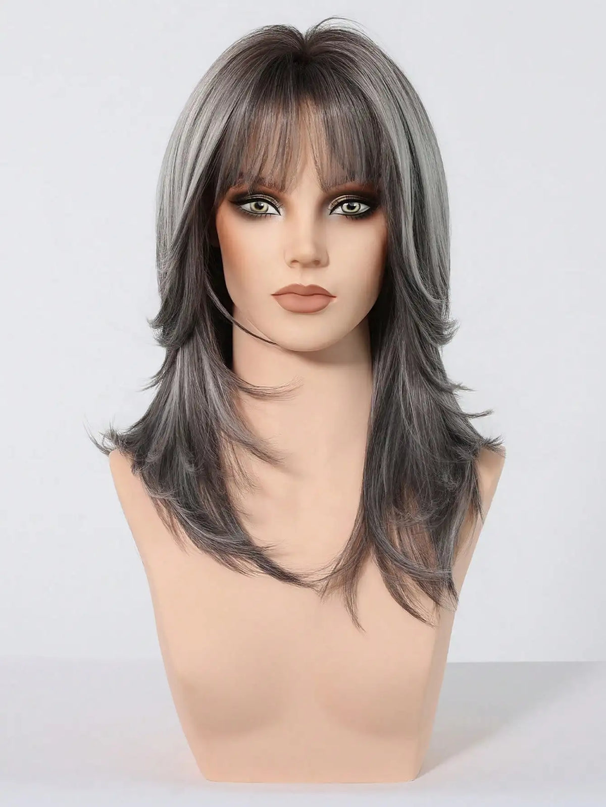 Halloween Wig TopShe Medium Length Wig Grey Curly Wig for Woman 18 inch Heat Resistant Silver Grey Synthetic Wig Layered Medium Long Shaggy Hair Wig osplay Costume Party Daily Wear Natural Ash Grey Salt and Pepper Hairpiece F
