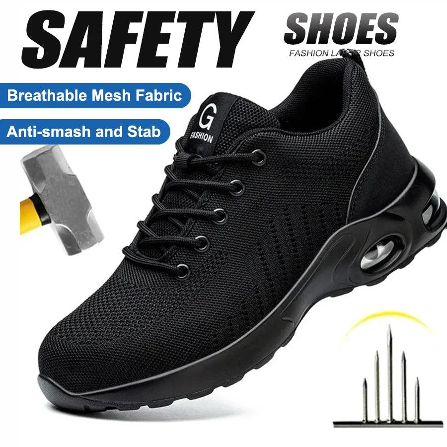 Men Safety Shoes Work Boots, Summer Solid Color Lightweight Breathable Steel Toe Anti-Smash Indestructible Tactical Work Sneakers
