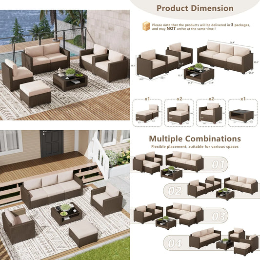 7pc Outdoor Patio Furniture Set Rattan Wicker Sectional Sofa Chairs Glass Table Cushions Brown Customized