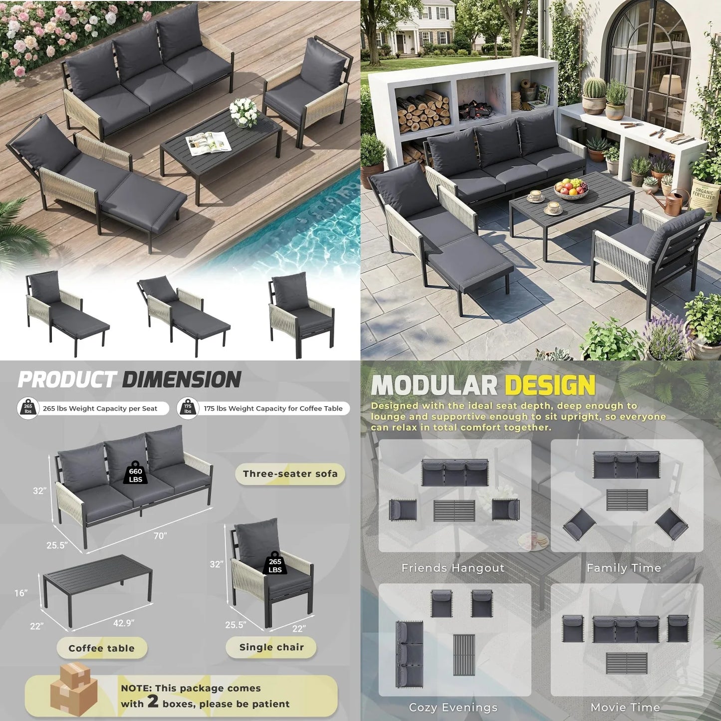 Aluminum Patio Sectional Sofa Set 5 Seats with Coffee Table Outdoor Conversation Furniture for Porch Deck, Customized