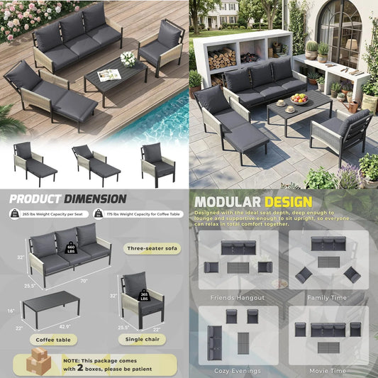 Aluminum Patio Sectional Sofa Set 5 Seats with Coffee Table Outdoor Conversation Furniture for Porch Deck, Customized