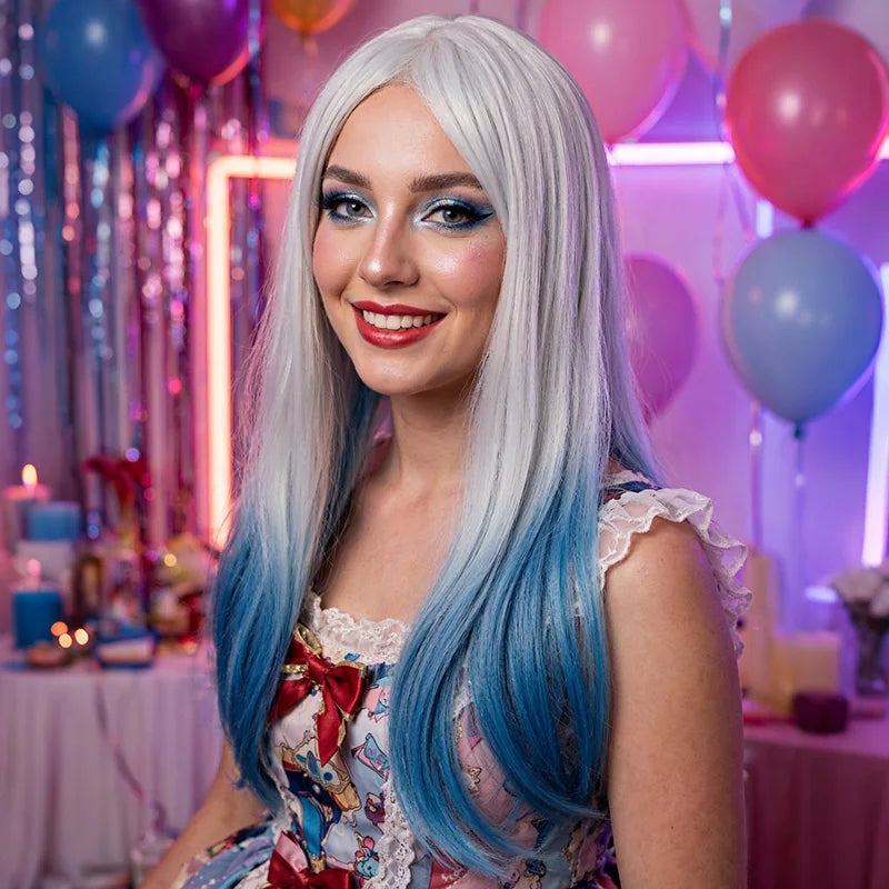 Silver White Blue Gradient Premium Synthetic Fiber Long Straight Wig Ombre Highlights Middle Part Bangs Layered Inner Curl Tips Heat Resistant Adjustable Cap for Women Girls Anime Cosplay Party Halloween Costume Role Play Sta