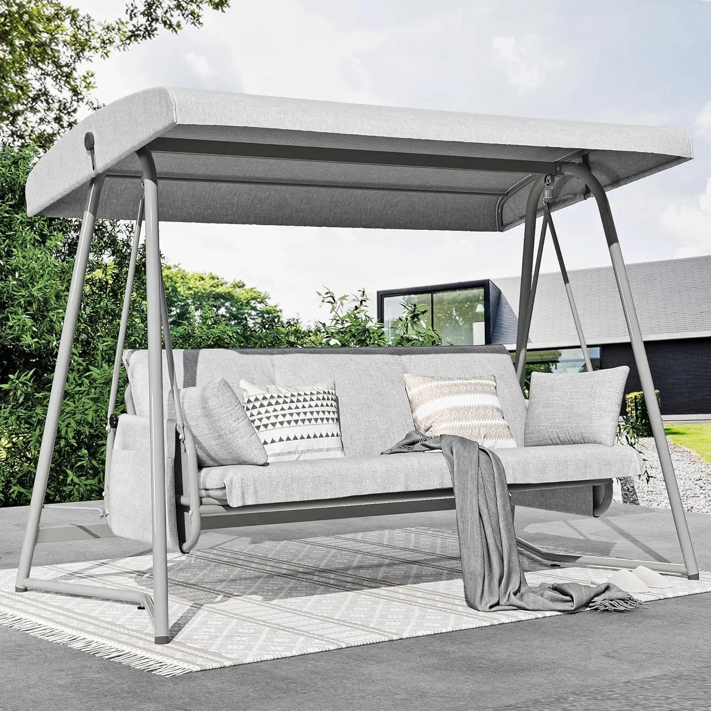 Extra-large Outdoor Porch Swing for 3-4 People, with Adjustable Backrest and Sunshade, 2-in-1 Swing Bed, Customizable