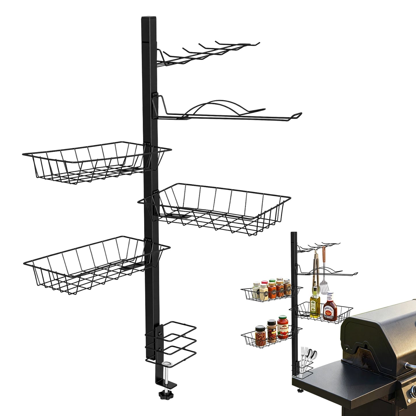 Griddle Stand Grill Rack with Towel Holder 3 Condiment Bins Utensil Hooks Stainless Steel BBQ Organizer for Outdoor Camping Kitchen