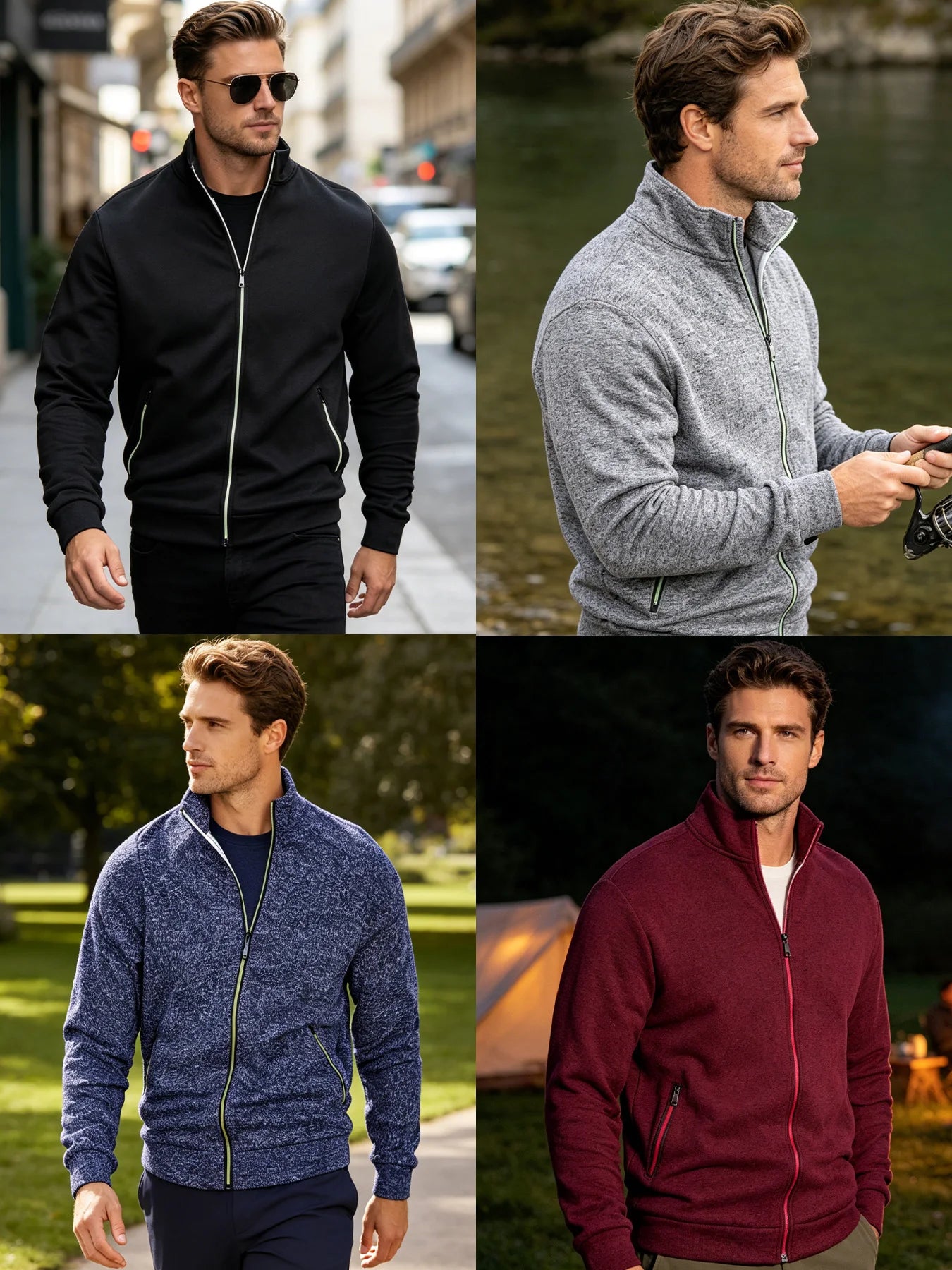 Men Running Track Jacket Contrast Trim Zip‑up Sports Coat Casual Windproof Athletic Jacket Full Zip Stand Collar Workout Outerwear