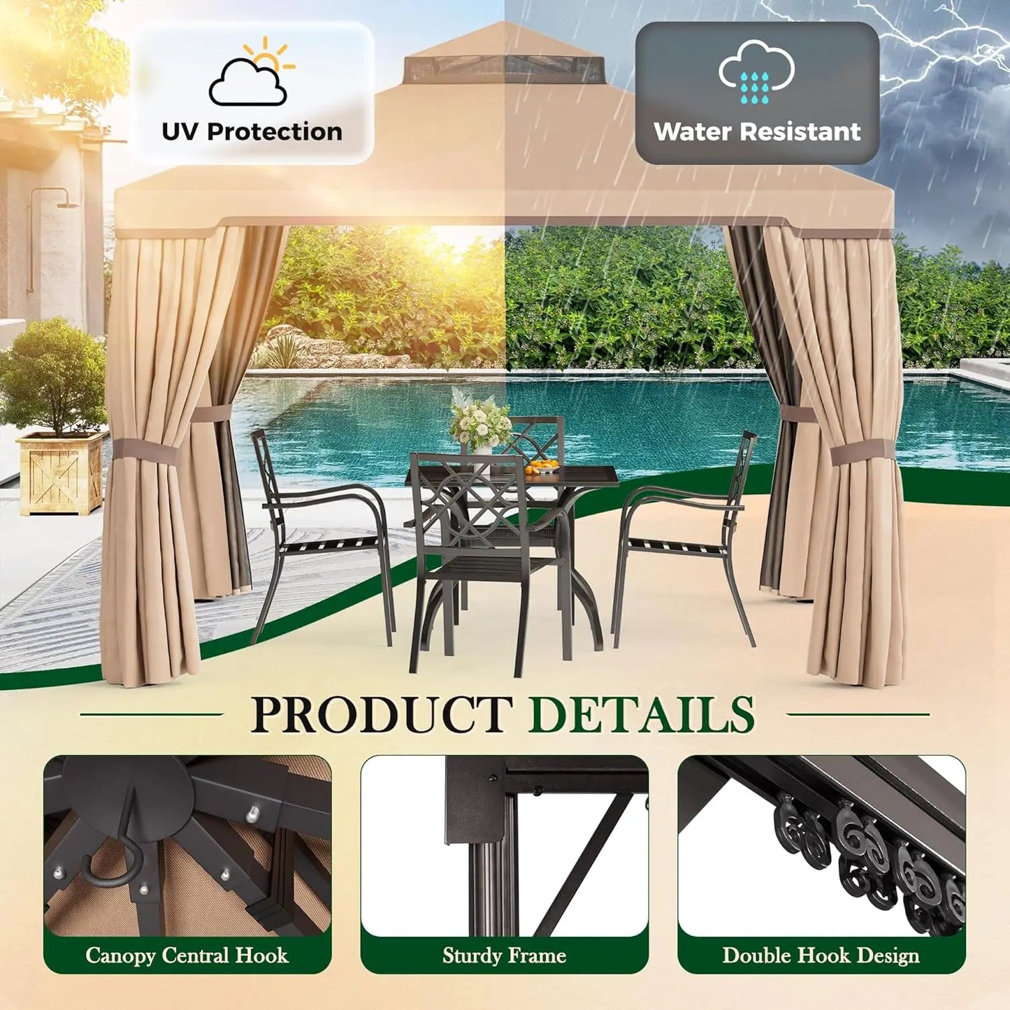 10x10 FT Outdoor Garden Gazebo Steel Vented Double Roof Canopy with Mosquito Netting for Backyard Lawn Party, Custom