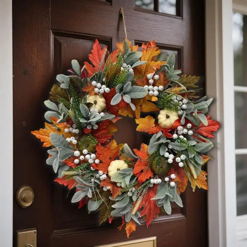 Fall Wreaths for Front Door,Thanksgiving Autumn Door Wreath with Maple Leaf,Pumpkin,Berries and Green Leaves,Pumpkin Fall Leaves Wreaths for Front Door,Wall and Fireplace