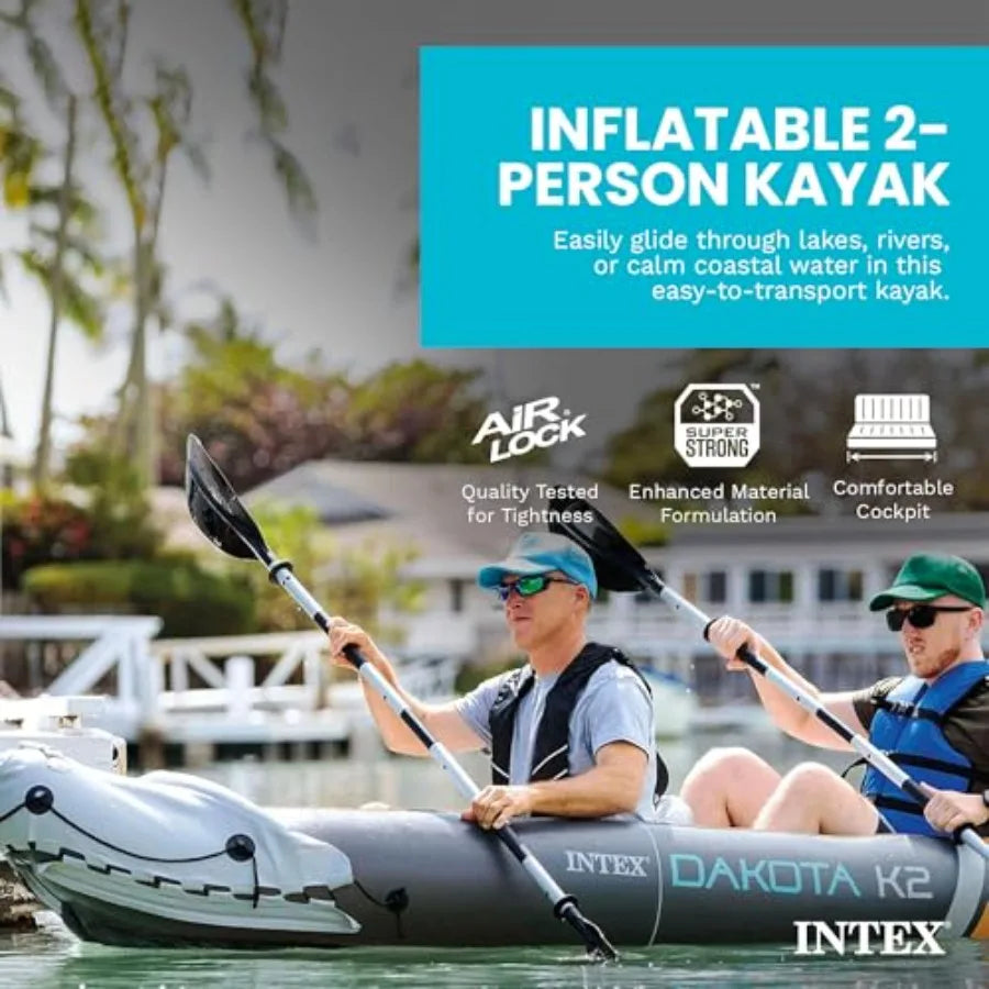 2-Person Inflatable Kayak Set Dakota K2 with 86in Oars and Pump in Blue for Outdoor Water Sports with Quick Inflation and Durable