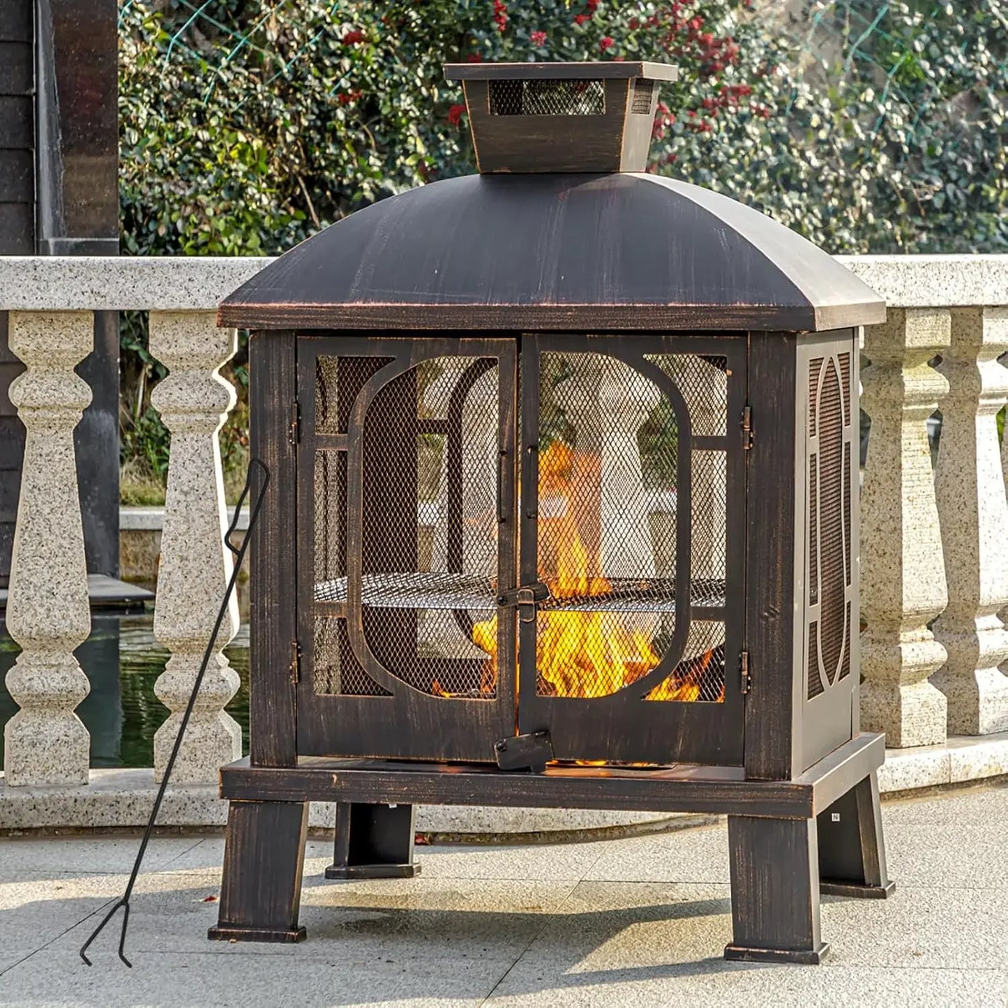 45" H×31''W Metal Chiminea Fire Pit with Grill, Wood Burning Fire Pits for Outside,Square Chimineas Fireplace with Mesh Spark Screen